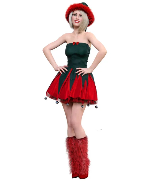 Jovem Linda Santa Girl Short Vermelho Quente Vestido Festivo Fur — Fotografia de Stock