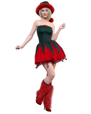 Genç, güzel Noel Baba kızı. Kısa kırmızı, sıcak, şenlikli bir elbise. Uzun saç. Parlak makyaj..