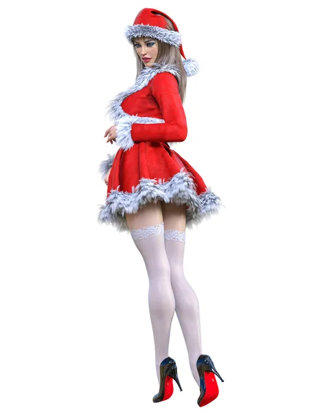 Junge Schöne Santa Girl Short Rot Warmes Festkleid Fur Long — Stockfoto