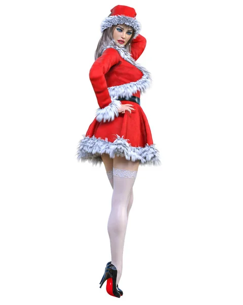 Jovem Linda Santa Girl Short Vermelho Quente Vestido Festivo Fur — Fotografia de Stock