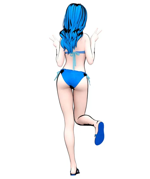 3Dセクシーアニメ人形日本の女子高生は水着で コミックコスプレはこちら 漫画イラスト コンセプトファッションアート — ストック写真