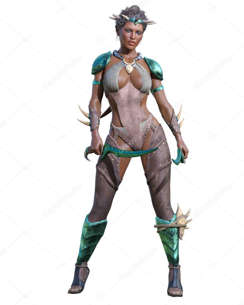Warrior amazon dark skin woman african daggers.Muscular athletic body.Fantasy hero in leather clothing.Conceptual fashion art.3D rendering isolate illustration.