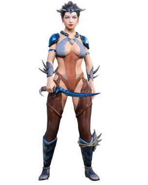 Hançerli savaşçı amazon kadın. Kaslı atletik vücut. Deri elbiseli fantezi kahraman..