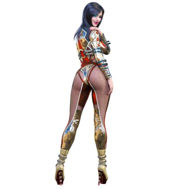 3D seksi anime gizli ajanı. Fantezi abartılı lateks casus kıyafeti. Komedi kahramanı. Çizgi roman, çizgi roman, manga illüstrasyonu..