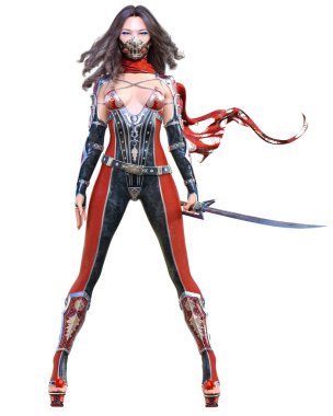 Maskeli ve kılıçlı 3 boyutlu seksi Japon kadın. Kavramsal moda sanatı çizimi. Çizgi roman, çizgi roman, manga..