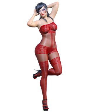 3 Boyutlu güzel seksi Japon kız kırmızı vücut çorabı. Kıvrımlı kız. Kadın stüdyo fotoğrafı. Yüksek topuklu. Kavramsal moda sanatı..
