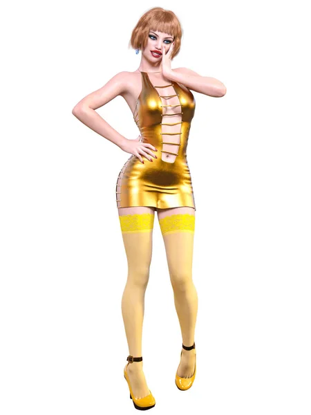 Piękna Kobieta Żółty Krótki Wieczór Lateks Mini Sukienka Pończochy Kolekcja — Zdjęcie stockowe