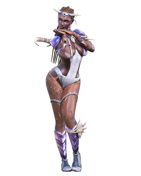 武侠亚玛森深色皮肤女人非洲匕首 肌肉运动体 皮衣幻想英雄 概念时尚艺术 3D渲染隔离图解 — 图库照片