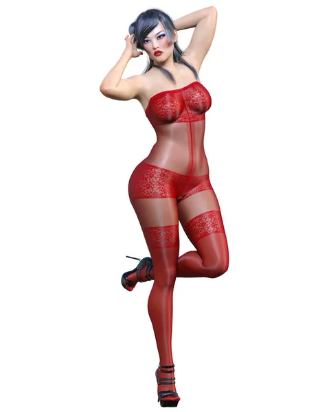 Renderizar Hermosa Sexy Chica Japonesa Rojo Bodystocking Curves Forma Girl — Foto de Stock