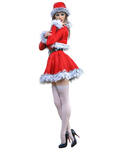 Joven Hermosa Santa Girl Short Rojo Cálido Vestido Festivo Fur — Foto de Stock