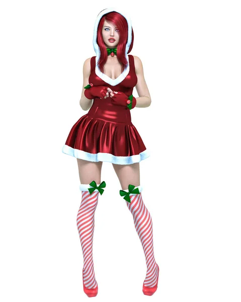 年轻美丽的圣诞老人女孩 短短的圣诞节日服装皮毛 长长的红头发 漂亮的化妆 概念时尚艺术 3D渲染孤立的说明 — 图库照片
