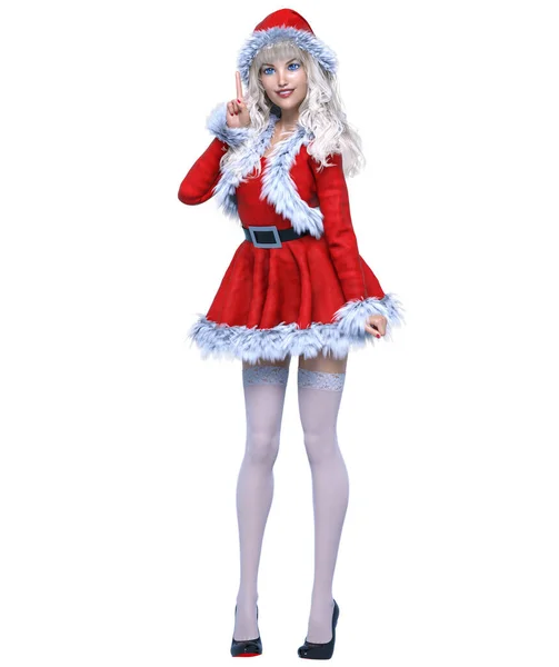 Young Beautiful Santa Girl Short Red Festive Dress Fur White — Stock Photo, Image