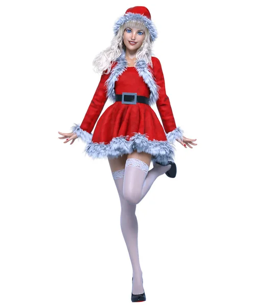 Jeune Belle Santa Girl Short Robe Fête Rouge Fourrure Bas — Photo