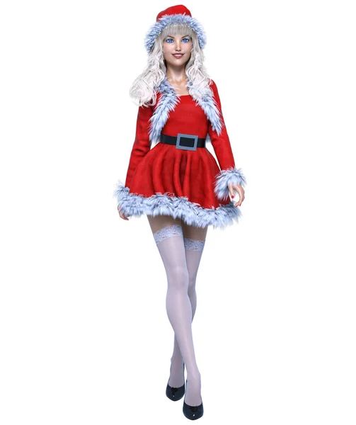 年轻漂亮的圣诞姑娘 短短的红色节日服装皮毛和白色长袜 长长的金发 明亮的化妆 概念时尚艺术 3D渲染插图 — 图库照片