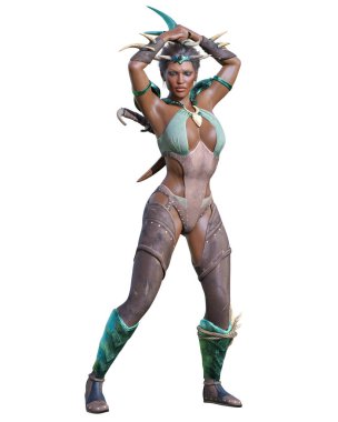 Savaşçı Amazon esmer kadın Afrikalı hançerler. Kaslı atletik vücut. Deri elbiseli fantezi kahraman..