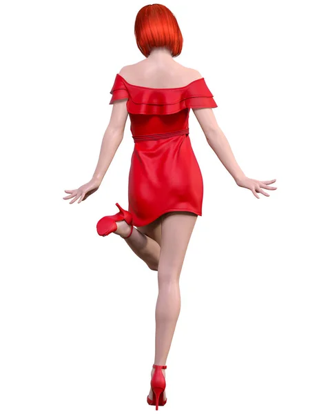 Schöne Rothaarige Frau Leichten Sommer Winkt Rote Kleider Sommerkleiderkollektion Helles — Stockfoto
