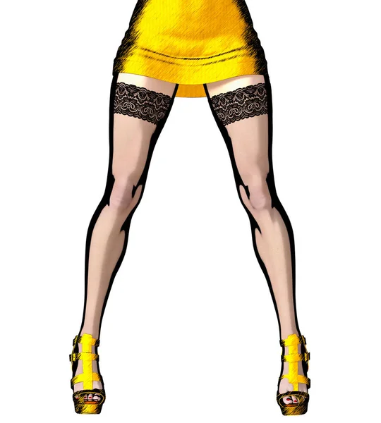 Beautiful Long Slender Sexy Female Legs Short Skirt Stockings Comic — Stock Photo, Image