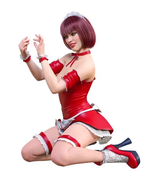 Vacker Sexig Attraktiv Kvinna Piga Uniform Husjungfru Kort Röd Latex — Stockfoto