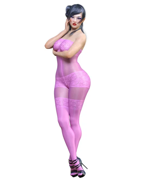 Rendere Bella Sexy Ragazza Giapponese Rosa Bodystocking Curves Forma Girl — Foto Stock