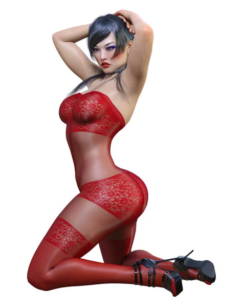 Rendere Bella Sexy Ragazza Giapponese Rosso Bodystocking Curves Forma Girl — Foto Stock