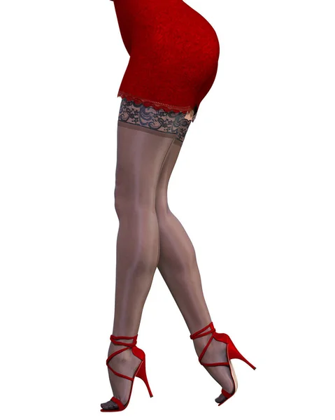 Mooie Vrouw Rood Korte Avond Mini Jurk Zwart Kousen Zomer — Stockfoto