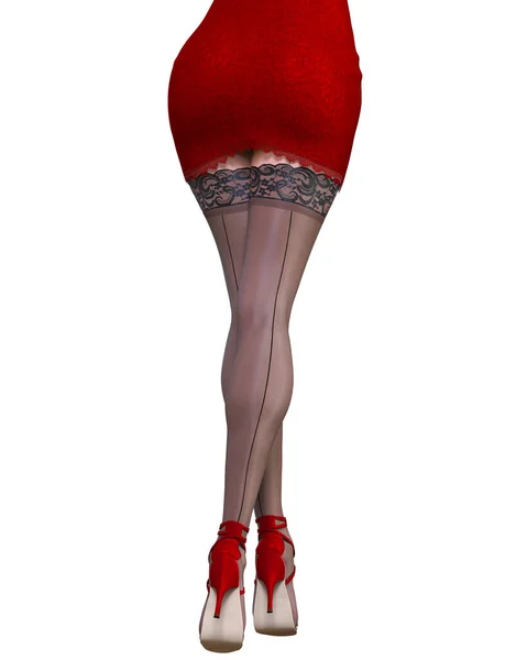美丽的女人红色的短小晚上迷你裙黑色长袜 夏季服装系列 妇女工作室摄影 概念时尚艺术 女性脂肪 3D渲染 — 图库照片