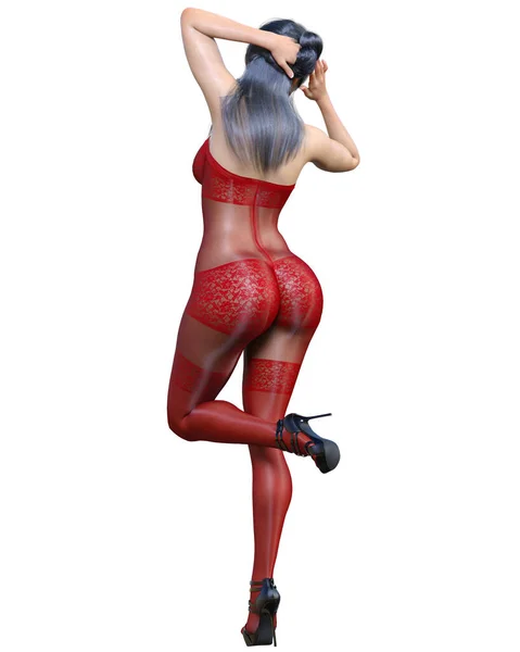 3Dレンダリング美しいセクシーな日本の女の子赤ボディストッキング 曲線形状の女の子 Womanスタジオ写真 High Heel コンセプチュアルなファッションアート 魅惑的な率直な立場 夏の親密な服 — ストック写真