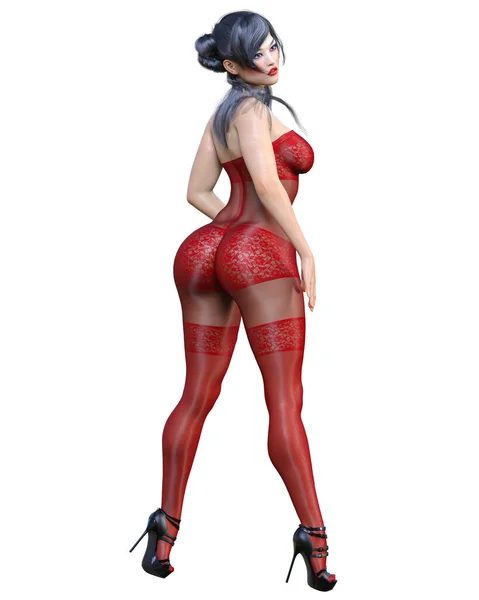 Vykreslit Krásné Sexy Japonky Dívka Červené Bodystocking Curves Tvar Dívka — Stock fotografie