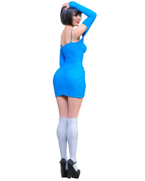 Piękna Kobieta Niebieski Krótki Wieczór Mini Sukienka Kolana Kolekcja Ubrań — Zdjęcie stockowe