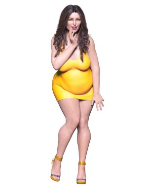 Güzel hamile kadın kısa sarı mini elbise, daha parlak kıyafetler koleksiyonu. Parlak makyaj. Kadın stüdyosu göz alıcı fotoğraf çekimi. Kavramsal moda sanatı..