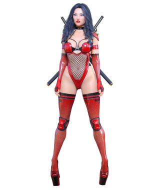 Üç boyutlu seksi Japon katil kadın, lateks maske ve kılıç takıyor. Kavramsal moda sanatı çizimi. Çizgi roman, çizgi roman, manga..