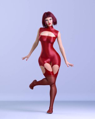 Üç boyutlu seksi kadın, kırmızı naylon kolsuz ve çorapsız. Kadın stüdyo fotoğrafı. İç çamaşırı koleksiyonu. Kavramsal moda sanatı.