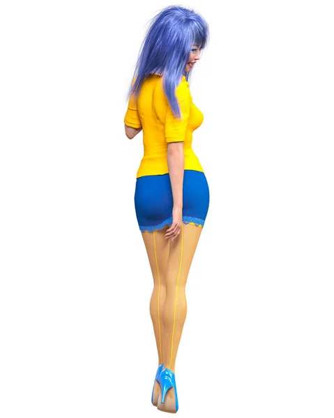 性感的日本秘书 穿着迷你裙和袜子 漂亮的女孩站在性感的位置上 秘书恋物癖 内衣系列 女装系列 3D渲染隔离 — 图库照片