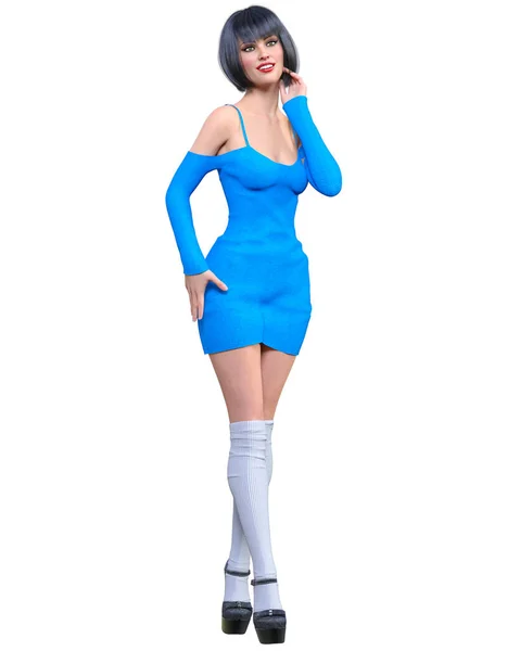 Piękna Kobieta Niebieski Krótki Wieczór Mini Sukienka Kolana Kolekcja Ubrań — Zdjęcie stockowe
