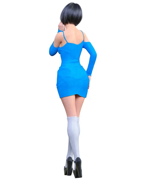 Beautiful Woman Blue Short Evening Mini Dress Knee Summer Clothes — Stock Photo, Image