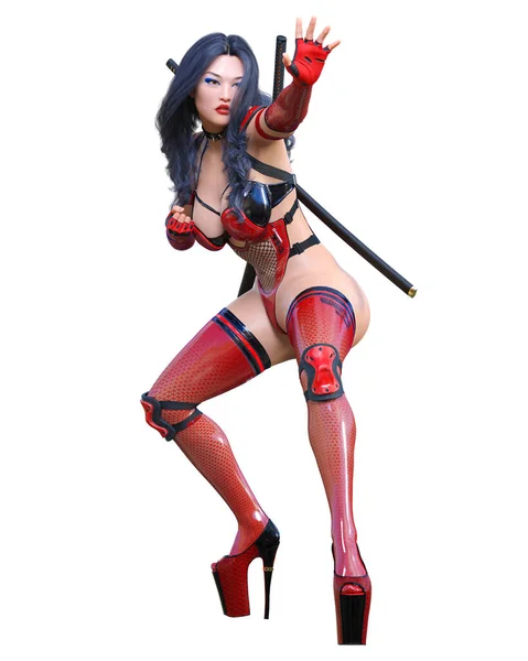 Sexy Japanese Assassin Woman Latex Mask Sword Conceptual Fashion Art — Stock Photo, Image