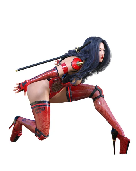 Sexy Japanese Assassin Woman Latex Mask Sword Conceptual Fashion Art — Stock Photo, Image