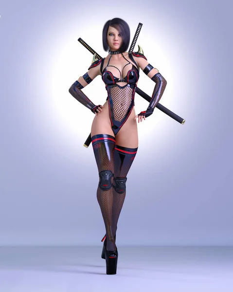 Mulher Assassina Sexy Látex Espada Arte Moda Conceitual Illustration Comic — Fotografia de Stock