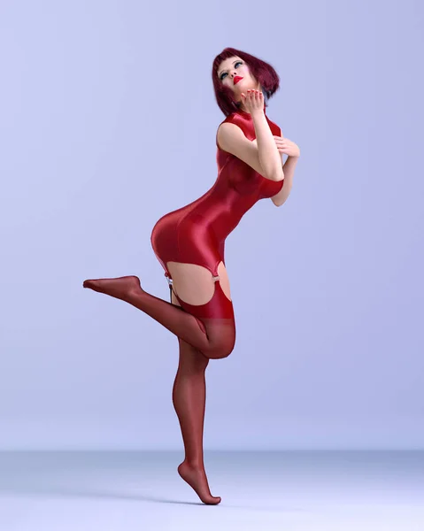 렌더링아름다운 여성붉은 나일론 소매없는 점프수트와 스튜디오 Fashion Show Intimate Lingerie — 스톡 사진