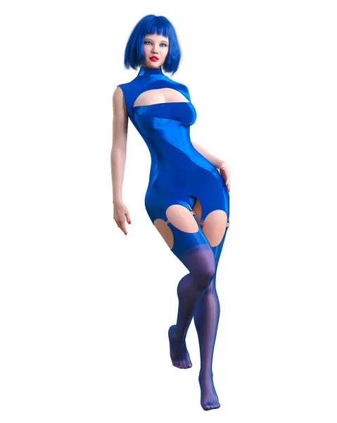 Renderizar Hermosa Mujer Sexy Azul Nylon Sin Mangas Mono Medias — Foto de Stock