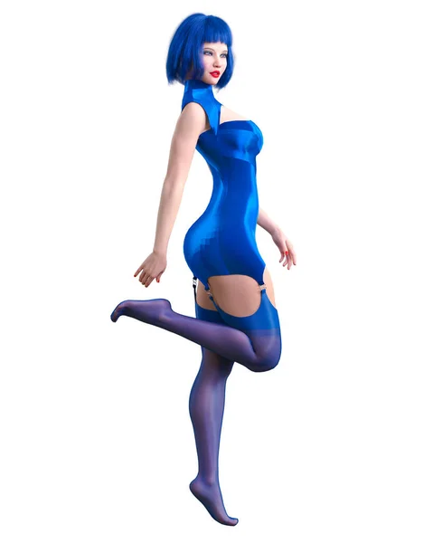 Render Beautiful Sexy Woman Blue Nylon Sleeveless Jumpsuit Stockings Woman — Stock Photo, Image