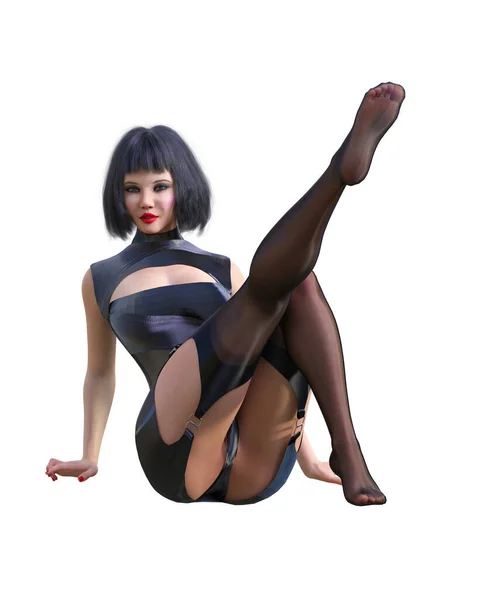 Рендеринг Красивой Сексуальной Женщины Черный Нейлон Рукавов Комбинезон Stockings Woman — стоковое фото