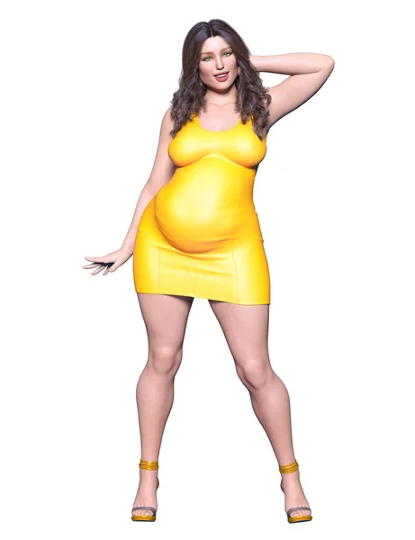 美丽的孕妇短小的黄色迷你裙 夏季服装系列 鲜艳的化妆品 女人工作室迷人的照片拍摄 概念时尚艺术 女人脂肪 3D渲染 免版税图库照片