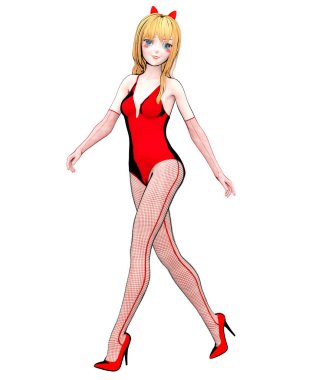 3 boyutlu seksi anime bebek Japon kız büyük mavi gözler parlak makyaj. Tavşan Kız. Çizgi film, çizgi roman, çizim, manga çizimi. Moda sanatı.