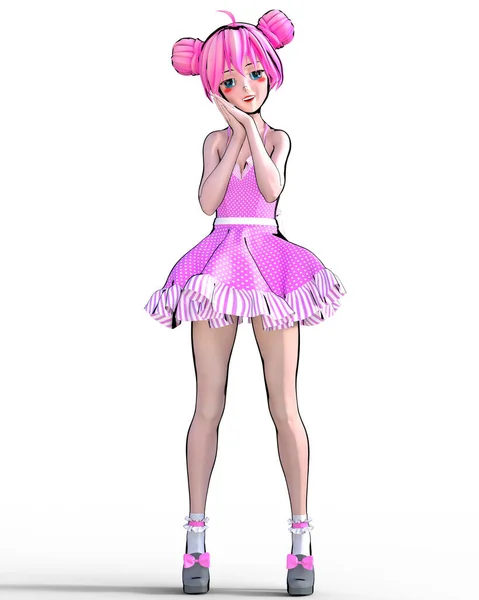 3D性感动漫娃娃日本姑娘大大的蓝眼睛亮丽的妆容粉红蓬松的短裙卡通 概念时尚艺术 — 图库照片