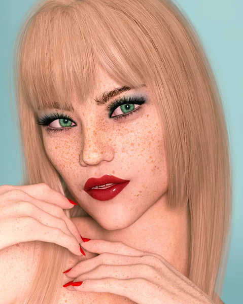 과붉은 립스틱을 아름다운 유행하는 여성의 초상화 Blonde 렌더링 일러스트레이션 High — 스톡 사진