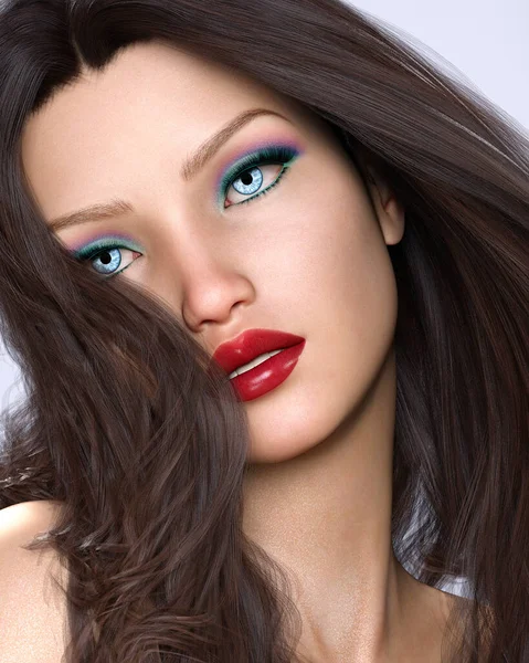 Portret Pięknej Młodej Modnej Kobiety Niebieskimi Oczami Czerwonymi Ustami Miękka — Zdjęcie stockowe
