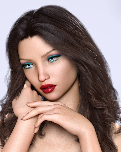 青い目と赤い唇を持つ肖像画の美しいかなり若いファッショナブルな女性 柔らかい肌茶色の長い髪 明るいメイク — ストック写真