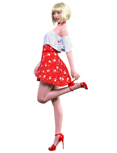 Beautiful Blonde Asian Japan Woman Red Short Dress Summer Clothes — Stock Photo, Image
