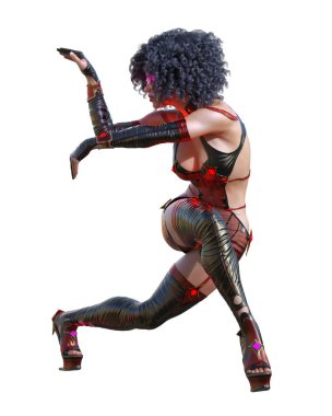 3D suikastçı Amazon kadın görüntüsü. Fütürist neon parıltısı kostümü. Çizgi film, çizgi roman, manga illüstrasyonu.